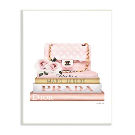 Stupell Industries Pink Purse Gold Bookstack Glam Fashion Watercolor Design Wood Wall Plaque